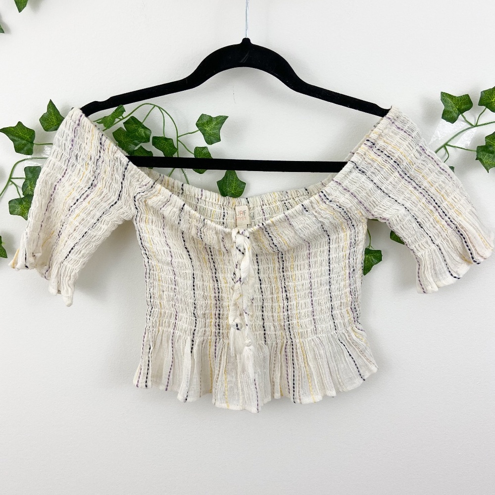 Surf gypsy Creme pleated peplum striped off the shoulder top Sz M